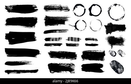 Brush strokes. Vector paintbrushes set. Grunge design elements. Rectangle text boxes, ink brush stroke. Dirty distress texture banners. Ink splatters. Grungy painted texture isolated on white. Stock Vector