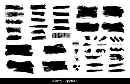 Brush strokes. Vector paintbrushes set. Grunge design elements. Rectangle text boxes, ink brush stroke. Dirty distress texture banners. Ink splatters. Grungy painted texture isolated on white Stock Vector