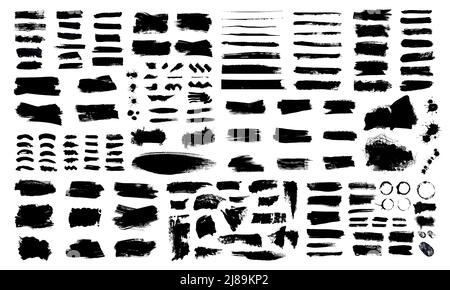Brush strokes. Set of vector brushes, ink brush stroke. Design elements in grunge style. Long text fields. Big collection of grunge texture banners. Rough drawn objects Isolated on white background. Stock Vector