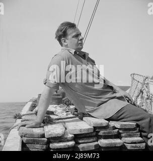 On board the fishing boat Alden out of Gloucester, Massachusetts. Dominic Tello, Italian fisherman. Stock Photo