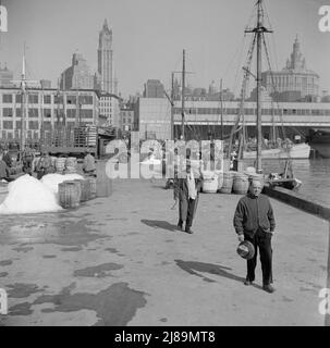 New York, New York. Barrels of fish on the docks at Fulton fish market ready to be shipped to retailers. Stock Photo