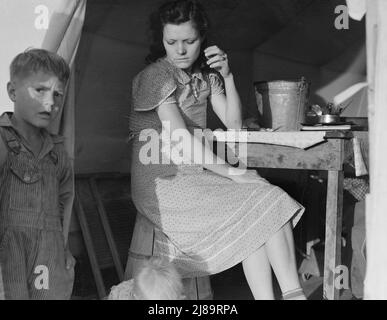 Calipatria, Imperial Valley, In Farm Security Administration (FSA) emergency migratory labor camp. Daughter of ex-tenant farmers on thirds and fourths in cotton. Had fifty dollars when set out. Went to Phoenix, picked cotton, pulled bolls made eighty cents a day with two people pulling bolls. Stayed until school closed. Went to Idaho, picked peas until August. Left McCall with forty dollars &quot;in hand.&quot; Went to Cedar City and Parowan, Utah, a distance of 700 miles. Picked peas through September. Went to Hollister, California. Picked peas through October. Left Hollister for Calipatria f Stock Photo