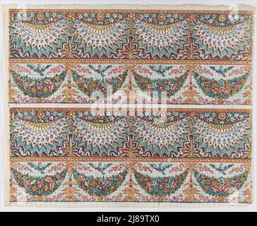 Sheet with a two borders with four hanging draperies,multicolor festoons, and birds, late 18th-mid-19th century. Stock Photo