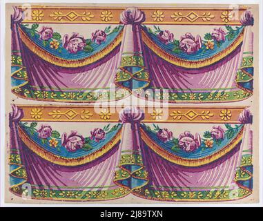 Sheet with two borders with purple drapery and floral designs, late 18th-mid-19th century. Stock Photo