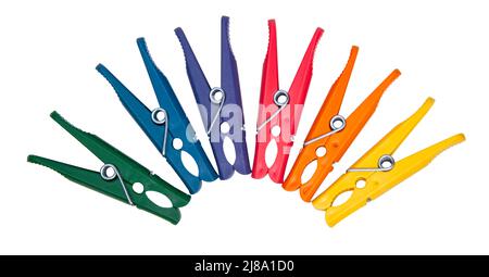 Clothes pegs or pin multicolor for house isolated on the white background Stock Photo