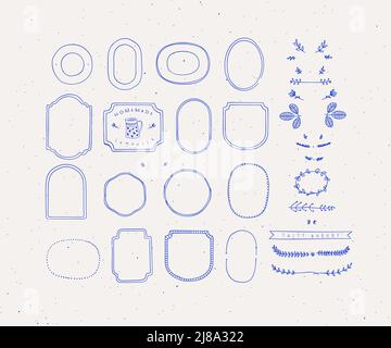Set of frames and decor elements in handmade graphic primitive casual style on beige background. Stock Vector