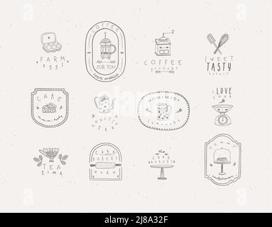 Set of kitchen labels with lettering drawing in handmade graphic primitive casual style on grey background. Stock Vector