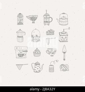 Set of kitchen equipment icon drawing in handmade graphic primitive casual style on grey background. Stock Vector