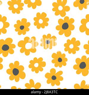 Seamless floral pattern based on traditional folk art ornaments. Colorful chamomile, daisy flowers on white background. Doodle style. Vector Stock Vector
