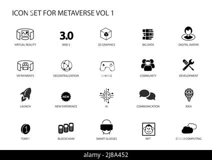 Metaverse vector icon set. Various symbols for the meta verse concept. Stock Vector