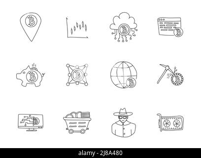 bitcoin doodles isolated on white. Stock Vector