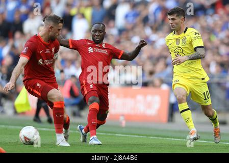 London, England, 14th May 2022. Christian Pulisic of Chelsea is challenged by Naby Keita and Jordan Henderson of Liverpool during the Emirates FA Cup match at Wembley Stadium, London. Picture credit should read: Paul Terry / Sportimage Stock Photo