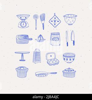 Set of kitchen tools and cooking icons drawing in handmade graphic primitive casual style on beige background. Stock Vector
