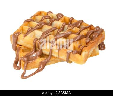 Belgian waffles with chocolate syrup baked tasty isolated on the white background Stock Photo