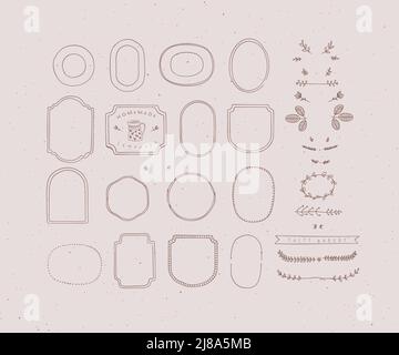 Set of frames and decor elements in handmade graphic primitive casual style on peach background. Stock Vector