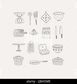 Set of kitchen tools and cooking icons drawing in handmade graphic primitive casual style on grey background. Stock Vector