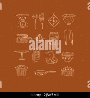 Set of kitchen tools and cooking icons drawing in handmade graphic primitive casual style on mustard background. Stock Vector