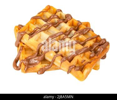 Belgian waffles with chocolate syrup baked tasty isolated on the white background Stock Photo