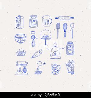 Set of kitchen bakery stuff drawing in handmade graphic primitive casual style on beige background. Stock Vector