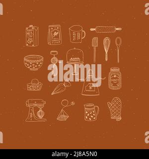 Set of kitchen bakery stuff drawing in handmade graphic primitive casual style on mustard background. Stock Vector