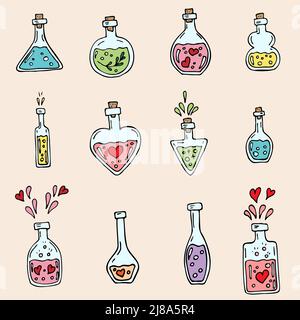 Potion bottles set. Alchemy set. Vector icons of glass flasks with magic elixir. Witch poison, love potion, halloween. Alchemy elixir in glass flask Stock Vector