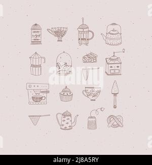 Set of kitchen equipment icon drawing in handmade graphic primitive casual style on peach background. Stock Vector