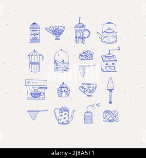 Set of kitchen equipment icon drawing in handmade graphic primitive casual style on beige background. Stock Vector