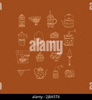 Set of kitchen equipment icon drawing in handmade graphic primitive casual style on beige background. Stock Vector