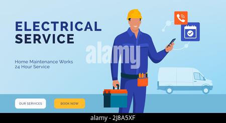 Electrician holding a smartphone and receving calls, professional electrical service on call Stock Vector