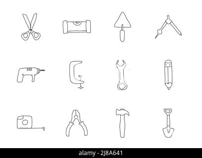 work tools hand drawn linear vector icons Stock Vector