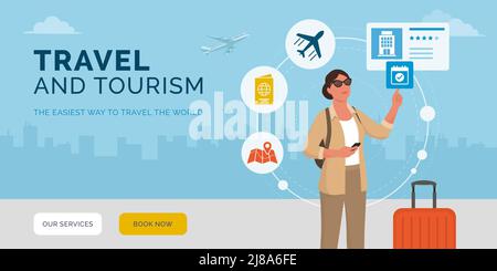 Tourist woman traveling alone and using online travel service apps, she is booking a hotel room Stock Vector