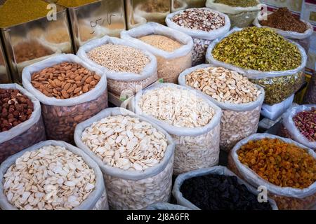 bags of nuts, seeds and ingredients for sale on food market (Suq, Damascus) Stock Photo