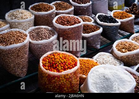 bags of nuts, seeds and ingredients on food market (Suq, Damascus) Stock Photo