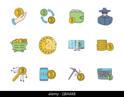 bitcoin doodles isolated on white. Stock Vector
