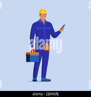 Electrician holding a smartphone and receving calls, professional electrical service on call Stock Vector