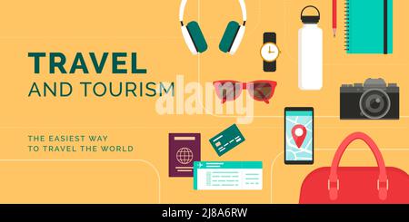 International travel and tourism services: travel accessories, documents and airline tickets Stock Vector