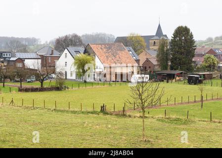 Bassenge, Liege, Belgium - 04 03 2022 - Scenic view over the Walloon countryside and the creek Geer Stock Photo