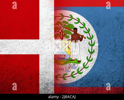 the Kingdom of Denmark National flag with National flag of Belize. Grunge Background Stock Photo