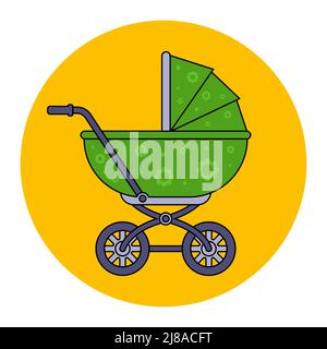 black icon of baby stroller with baby. flat vector illustration. Stock Vector