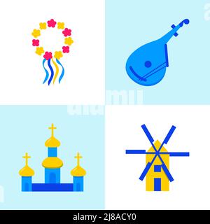 Ukrainian national symbols icon set in flat style. Windmill, christian church, floral wreath and bandura symbols. Vector illustration. Stock Vector