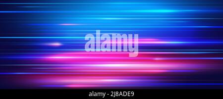 Moving neon light rays, modern vector background. Blue and purple glowing blurry motion backdrop for business presentation, cover image, flyer, or banner design decoration. Stock Vector