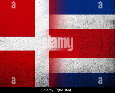 the Kingdom of Denmark National flag with the Republic of Costa Rica National flag. Grunge Background Stock Photo