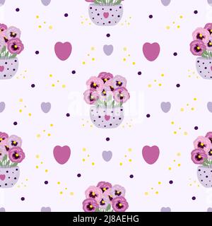Pink pansies in vase on light background, seamless pattern Stock Vector