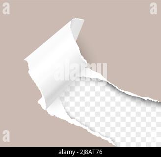 Torn hole of lower right corner of brown sheet with paper curl and transparent background of the resulting window. Realistic vector template paper design. Stock Vector