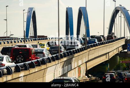 Bucharest, Romania - May 10, 2022: High car traffic on the Mihai Bravu Passage, at the end of Mihai Bravu Boulevard in Bucharest. This image is for ed Stock Photo