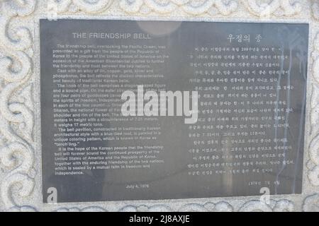 San Pedro, CA. USA 2/28/2022. Korean Friendship Bell.  Donated 1976 by the Republic of Korea to the People of Los Angeles, CA.  The bell weighs 17-ton Stock Photo