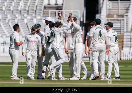 LONDON, UNITED KINGDOM. 14th May, 2022. Stuart Broad of Nottinghamshire (centre) celebrates after taking the wicket of Mark Stoneman of Middlesex during County Championship - Middlesex v Nottinghamshire at The Lord's Cricket Ground on Saturday, May 14, 2022 in LONDON ENGLAND.  Credit: Taka G Wu/Alamy Live News Stock Photo