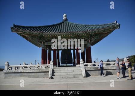 San Pedro, CA. USA 2/28/2022. Korean Friendship Bell.  Donated 1976 by the Republic of Korea to the People of Los Angeles, CA.  The bell weighs 17-ton Stock Photo