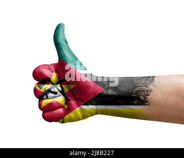 Hand making thumb up painted with flag of mozambique Stock Photo