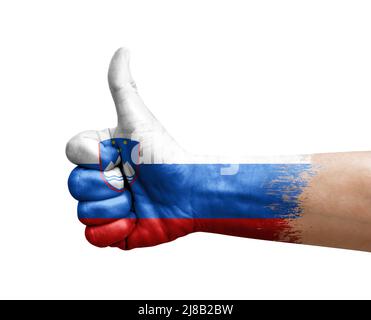 Hand making thumb up painted with flag of slovenia Stock Photo